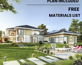 May include: A modern two-story house with a large backyard, a patio with furniture, and a swimming pool. The house has a flat roof and large windows. The backyard is green and has a variety of plants and trees. The patio has a table and chairs, and a grill. The swimming pool is blue and has a white border. The text "DETAILED ARCHITECTURAL PLAN INCLUDED FREE MATERIALS LIST" is displayed at the top of the image.