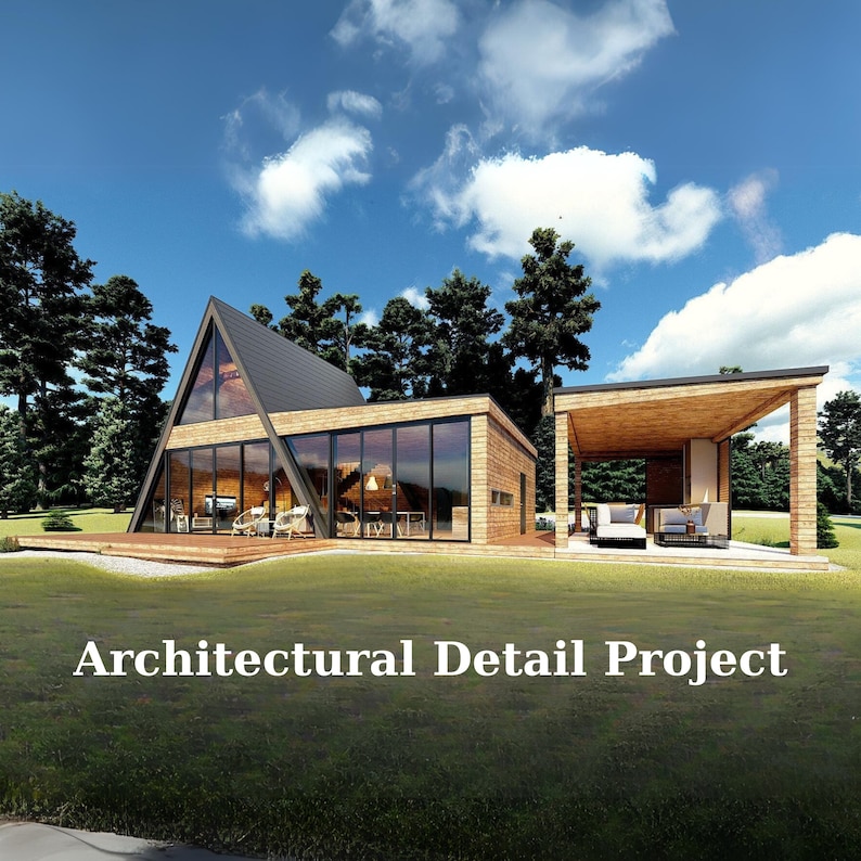 Puede incluir: Una casa moderna de forma triangular con una gran fachada de vidrio y una terraza de madera. La casa est&aacute; rodeada de &aacute;rboles y un c&eacute;sped. El texto "Architectural Detail Project" se muestra en la parte inferior de la imagen.