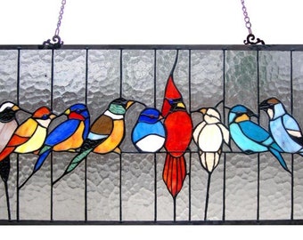 Custom Stained Glass Bird Lover Gift Garden Stained Glass Wildlife Glass Art Woodpecker Finch Sparrow Glass Artwork Birdwatcher's Delight