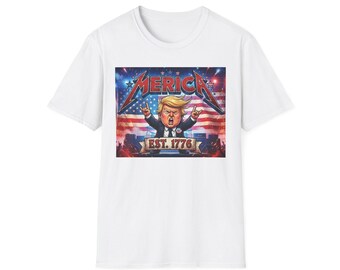 Maglietta patriottica con grafica della bandiera americana e vignetta di Trump, EST.1776