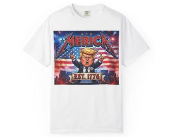 Maglietta con caricatura di Trump e bandiera americana, fondata nel 1776.