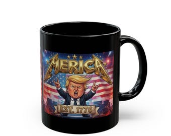 Trumpy 'Merica Patriotic Rock Cartoon Mug | Black Ceramic Coffee Cup