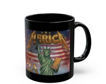 2A Statue of Liberty with American Flag, AR-15 Mug | Black Ceramic Coffee Mug