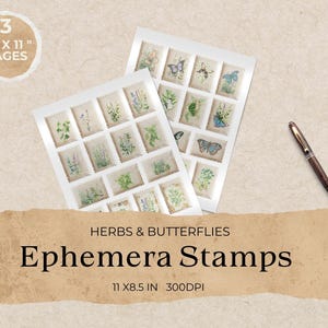 Effimere vintage, kit di diario spazzatura, francobolli, vecchi francobolli postali, stampabili digitali, regalo per collezionisti di francobolli, francobolli di erbe stampabili, effimeri di carta