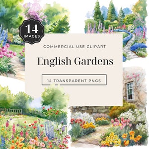 Englischer Garten Clipart, Frühlingsgärten Illustrationen, Bemalte Garten Clipart, Aquarell PNG Grafiken, Sofort Download, kommerzielle Nutzung