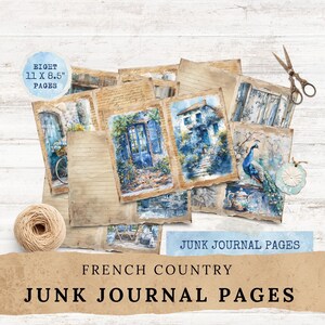 Pagine di campagna francese, campagna blu, cottage rustico, cottagecore, carta digitale, diario di scarto, scrapbooking, effimeri vintage, carte floreali, jpg