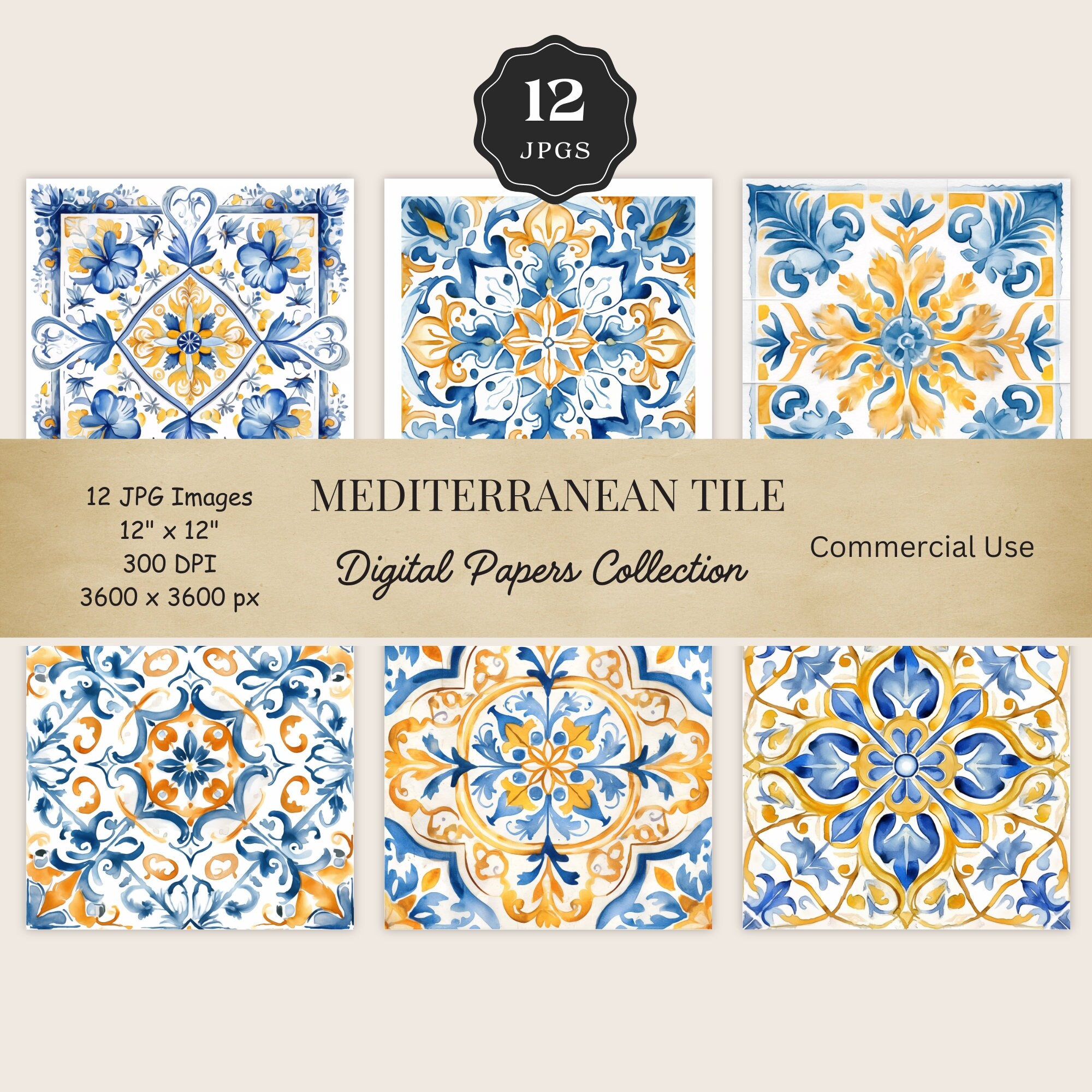 Mediterranean Tile, Watercolor Lemons Clipart, Portuguese Azulejo Ceramic Tiles, Summer Clip Art Bundle, Blue And White Digital Paper,MT01
