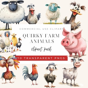 Clipart original d&#39;animaux de la ferme, lunatique vache cochon chèvre mouton bovin, sublimation clipart poulet, graphique illustration stupide
