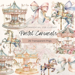 Carousel Watercolor Clipart, Carousel Horse, Carousel Nursery Art, Baby Shower, Carnival Clipart, Carousel Pony, Birthday Clipart, Horses