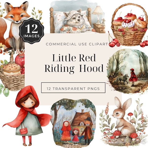 Watercolor Little Red Riding Hood watercolor clipart, Woodland animals watercolor, animals graphics, Red Riding Hood clipart