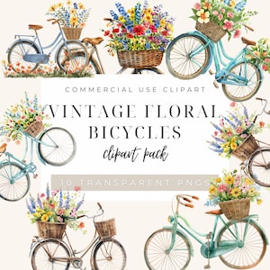 Pack de cliparts vélo vintage, images aquarelles, cycles avec paniers floraux, fête des mères, anniversaire, nostalgique, ensemble de cliparts