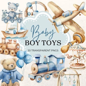 Baby Junge Spielzeug Clipart, Baby Shower Set, Kinderzimmer, Neugeborene | Sofortdownload | Aquarell Grafiken bündeln | Kommerzielle Nutzung | Transparentes PNG