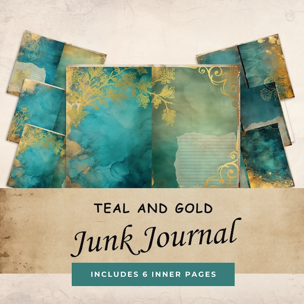 Teal and Gold Junk Journal Kit, Deep teal 6 Digital Journal Pages, Printable Ephemera Paper Craft, Collage Sheet 11 x 8.5, JJ009