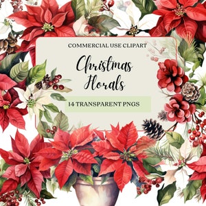 Clipart floreali natalizie, Clipart ad acquerello, Composizioni tradizionali, PNG natalizie, Decorazioni rosse e verdi, Fiori natalizi, Verde natalizio
