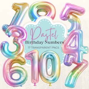 Pastell Regenbogen Luftballons Clipart, Zahlen 1 bis 10, Geburtstag Dekoration, Baby Shower, Luftballons Dekor, kommerzielle Nutzung