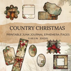Land Weihnachten Junk Journal Ephemera Kit, sofortiger Download, digitale Tags und Karten, Collage Blätter viktorianische Ephemera Hintergründe JPG