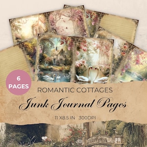 Kit diario di San Valentino Romantic Cottages, diario di San Valentino stampabile, laghi con cigni, carta digitale, abbellimenti, stampa di San Valentino,