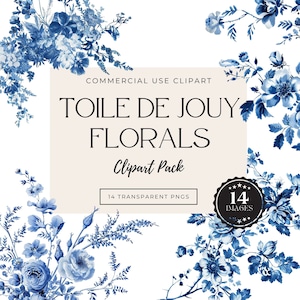 Toile de Jouy Clipart, französische Blaue Blumen, Vintage-Designs, Hochzeit, Brautparty, französische Toile de Jouy, transparente PNGs, sofort Download
