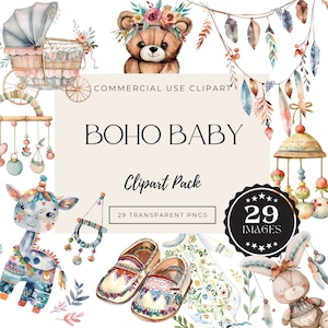 Clipart de bebé bohemio, bebé niño, clip art de animales para guardería, garabato de niño recién nacido, PNG para baby shower, niño luna, animal lindo, diseño de sublimación