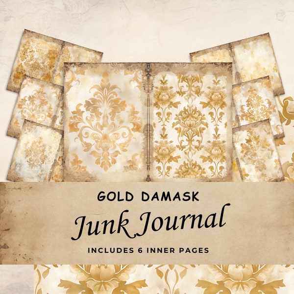 Gold damask Junk Journal Pages , Vintage metallic effect , 6 Digital Pages, Printable Ephemera Paper Craft, Collage Sheet 11 x 8.5, JJ002
