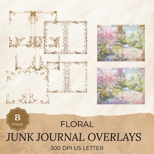 Sobreposição de diário de lixo floral PNG, molduras de página botânicas vintage, itens digitais de cartas dos EUA, kit de diário de lixo, PNG de 300 DPI