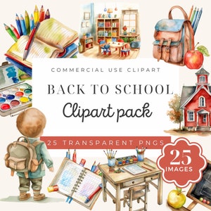 Pacchetto clipart per il ritorno a scuola, nuovo anno scolastico, periodo scolastico, immagini ad acquerello, bambini carini che imparano, PNG trasparenti,