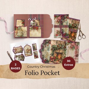 Land Weihnachten Junk Journal Folio Kit, sofortiger Download, digitale Tags und Karten, Collage Blätter viktorianische Ephemera Hintergründe JPG