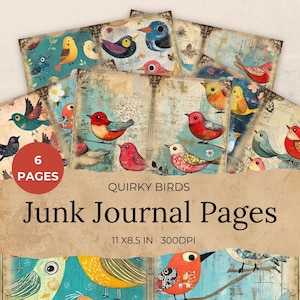 Funny Birds Junk Journal Ephemera Kit, Whimsical Scrapbook Fussy Cuts, Vintage Handmade Crafts, Digital Download, Envelopes, Tags, Pockets