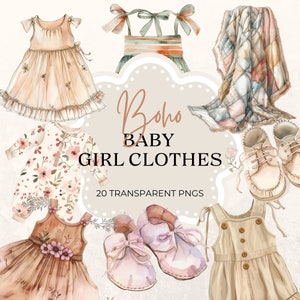 Boho Baby Girl Clothes Clipart, Watercolor , Pretty Baby Dress,Nursery Decor PNGs, Watercolor clip art, High-Quality, Instant Download
