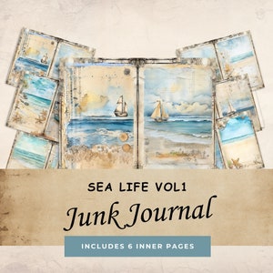 Pagine di diario con acquerello Sea Life, kit di effimeri stampabili a tema nautico, carta digitale a tema oceano, download di collage di vela e spiaggia