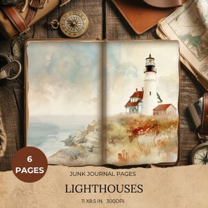 Lighthouses Junk Journal pages, Watercolor Lighthouse Printable Page, Nautical Scrapbooking Paper,Sea Collage Sheet,Vintage Ephemera