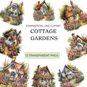 Watercolor English Cottages Clipart, High Quality JPGs, Cozy House, Cottage with Garden, Cottage with Flowers, Country House