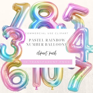Pastell Regenbogen Anzahl Luftballons Clipart, Zahlen 1 bis 10, Mädchen Geburtstag, Party Ballon Clip Art, Baby Shower, Luftballons Dekor, kommerzielle Nutzung