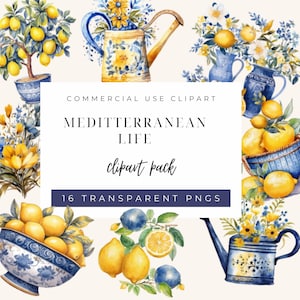 Mediterranean Tile Watercolor Lemons Clipart Pack,Portuguese Azulejo Ceramic Tile ,Summer Clip Art Bundle, Blue And White Tile Digital Paper