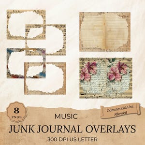 Vintage Musik Junk Journal Overlays PNG, US Letter Size, 300 DPI, Blumen- und Notenseiten, digitale Ephemera