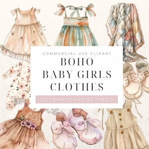 Boho Baby Girl Clothes Watercolour Clipart Bundle , Pretty Baby Dress,Nursery Decor PNGs, High-Quality, Instant Download