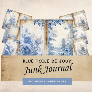Pagine di diario "Toile de Jouy blu", carta digitale floreale vintage, effimeri stampabili in stile country francese, 6 fogli di diario