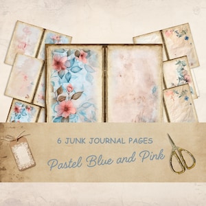 Páginas de diario basura con flores en tonos rosa pastel y azul, kit de diario basura con flores silvestres en acuarela, 6 páginas de diario basura en tonos pastel, manualidades de papel, efímeras