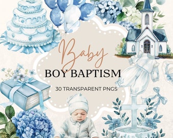 Baby Boy Baptism Clipart, Religious Clip Art, Christening Graphics, Catholic Illustrations, Blue Watercolor Christian pngs,