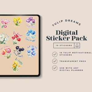 Tulip Motivational Digital Stickers Pack, Transparent PNGs, Digital Planner Stickers, Instant Download, Watercolour tulip pngs