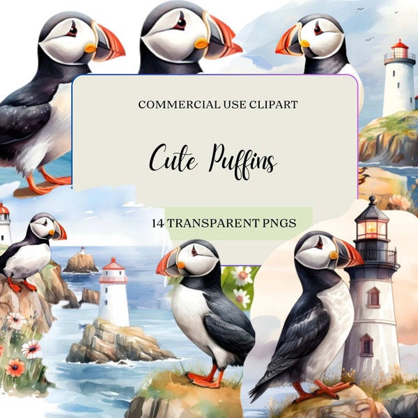 Watercolor puffin clipart, Cute birds clipart bundle, Scandinavian clipart, Iceland bird png, Scrapbooking, Paper craft, Junk journal