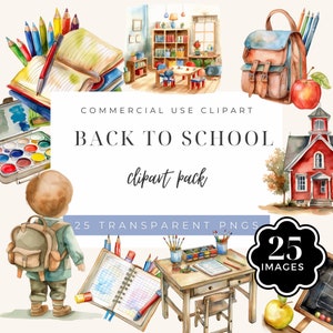 Nuovo anno scolastico Pacchetto clipart per il ritorno a scuola, periodo scolastico, immagini ad acquerello, bambini carini che imparano, PNG trasparenti,