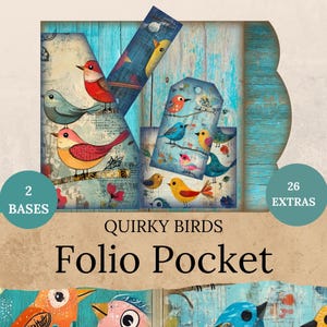 Kit de diario basura con pájaros divertidos, pájaro peculiar, recortes extravagantes para álbumes de recortes, manualidades vintage hechas a mano, bolsillo tipo folio, descarga digital