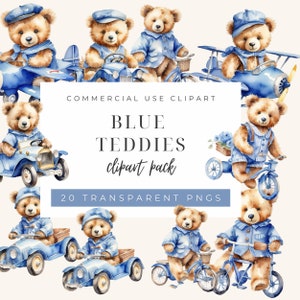 Pack de cliparts nounours bleus, images aquarelles, transport d'ours en peluche, shower de bébé garçon, anniversaire, ensemble de cliparts, nounours en voyage