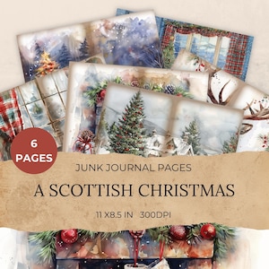 Kit per diario di scarto scozzese. Kit per diario di scarto rustico a quadri, Natale in tartan, carta per lavoretti, carta per scrapbooking digitale, bordi natalizi.