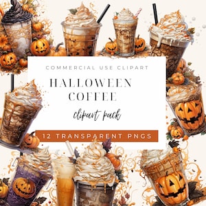 Halloween Coffee Clipart Set, Scary Gothic Watercolor Hot Drink Clipart Bundle, Spooky Season PNG Bundle, Pumpkin Designs Instant Download