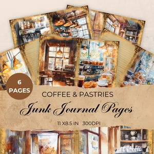 Coffee & Pastries Junk Journal Papers Kit - Efemere vintage baksels - Digitaal plakboek - benodigdheden voor vakanties