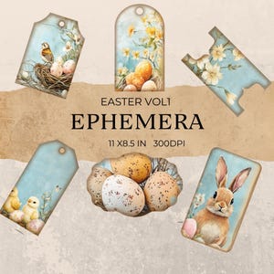 Ostern Junk Journal Ephemera Kit, sofortiger Download, digitale Tags und Karten, Collage Sheets, Ostereier, Blumen, Hasen Hintergründe JPG