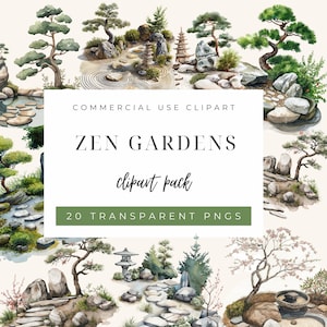 Zen-tuin clipart, Japanse rotstuinen, hoge kwaliteit jpg's, aquarelkunst, digitale download, kaarten maken, Mixed media, Digital Paper Craft