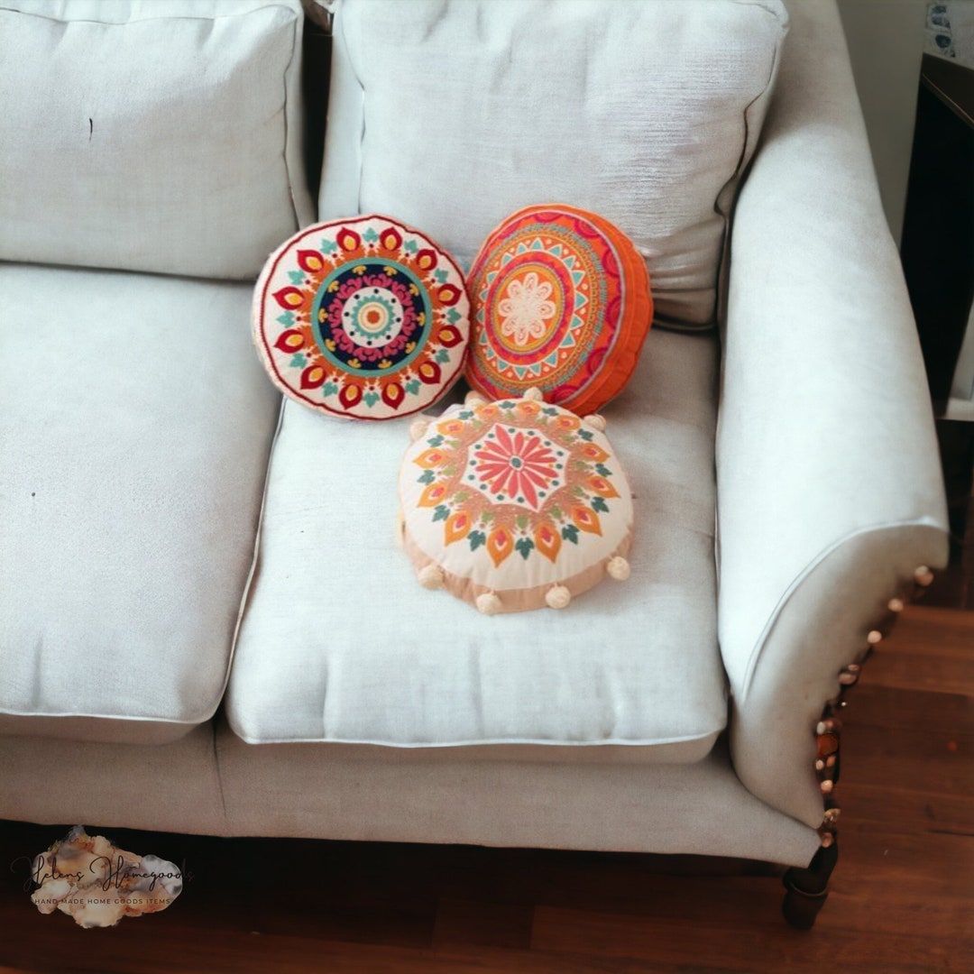 Embroidered Round Pillow Bohemian Cotton Cushion Living Etsy